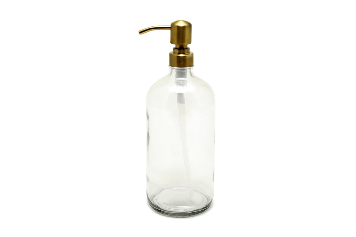 Vivaplex, 2, Large, 32 oz, Empty, Clear Glass Bottles with Stainless Steel, Yellow Gold, Lotion Pumps