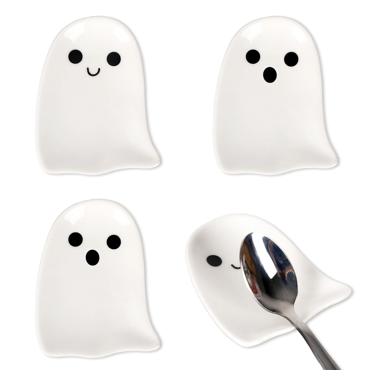 Whaline 4Pcs 2.8inch Mini Ceramic Spoon Rests White Ghost Small Coffee Spoon Holder for Halloween Coffee Stirrers Teaspoon Bar Spoon Coffee Station Bar Accessories
