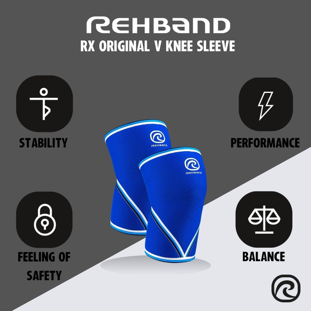 Rehband 7051 Classic 7mm V-Knee-Sleeve for Weightlifting, Competition Grade Powerlifting Knee Sleeve, Compression Sleeve for Crossfit, Squats, Gym, Colour:Blue - 1 Pair, Size:Large
