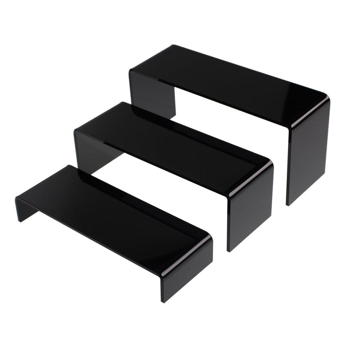 KOSKWKREO 3 Pack Black Acrylic Display Risers, Tiered Display Stand Set in 3 Sizes for Perfume, Cosmetics, Cupcakes, Figures, Toy Cars, Collectibles and Small Decor