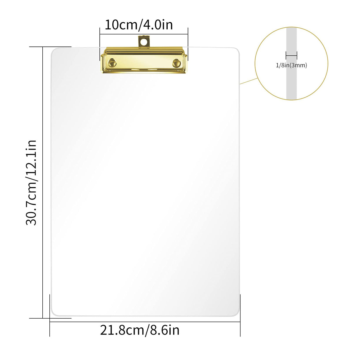 Moocci Thick Acrylic Clear Clipboards Cute Transparent Bulk Gold Clipboard with Strong Clip and Hidden Hanging Hole for A4 Paper, Art Student, Drawing, Office, School, Warehouse, Classroom, 9PC
