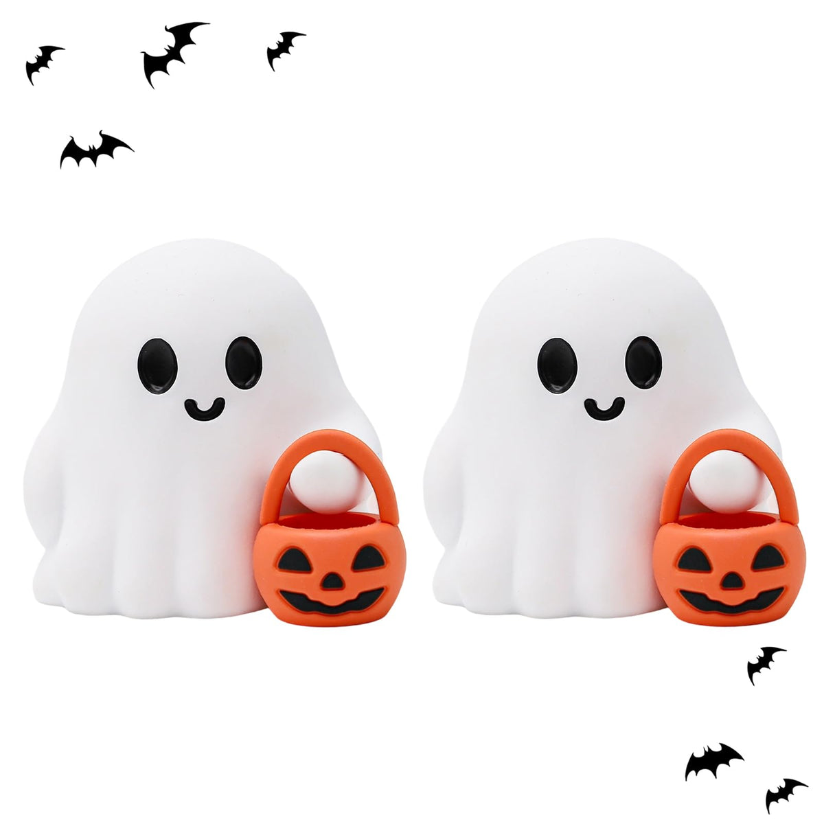 2 Pcs Halloween Ghost Figurine Cartoon Cute Spooky Carrying Pumpkin Basket Desk Display Ornament Tiny Trick or Treat Ghost Resin Halloween Statue for Home and Office Tabletop Decor Supplies