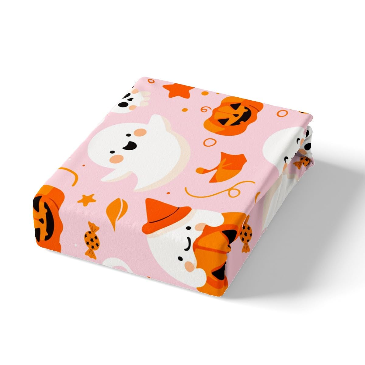 Feelyou Pink Halloween Fitted Sheet Cartoon Pumpkin Lantern Ghost Full Size Bedding Set Decoration for Kids Boys Girls Pink Sheets Set Happy Halloween Bed Sheet Set Collection