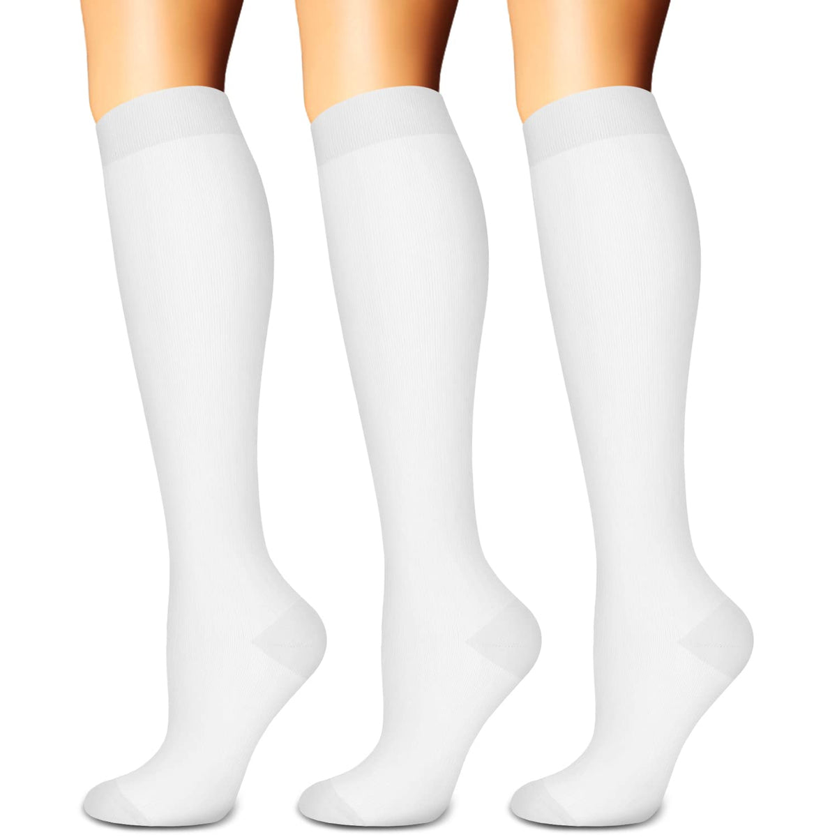 Compression Socks for Women & Men Circulation (3 Pairs) - Best Support for Athletic Running Travel Hiking Nurse Gifts, 15-20 mmHg Knee High Stockings Medical Long White Socks, S-M