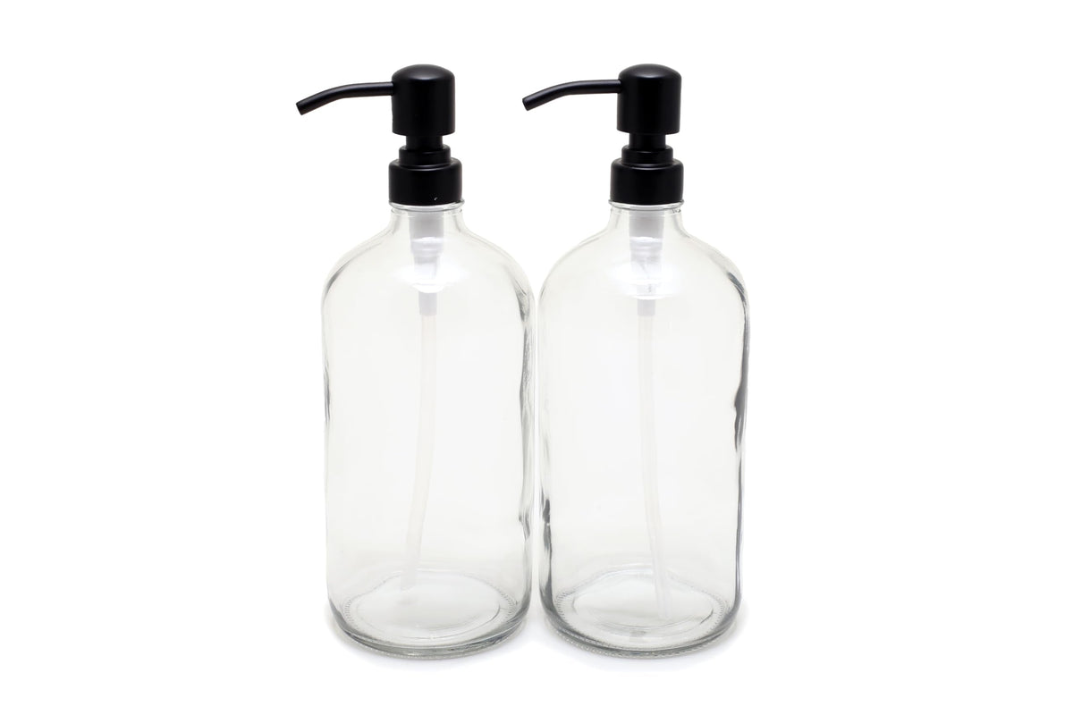 Vivaplex, 2, Large, 32 oz, Empty, Clear Glass Bottles with Stainless Steel, Matte Black, Lotion Pumps