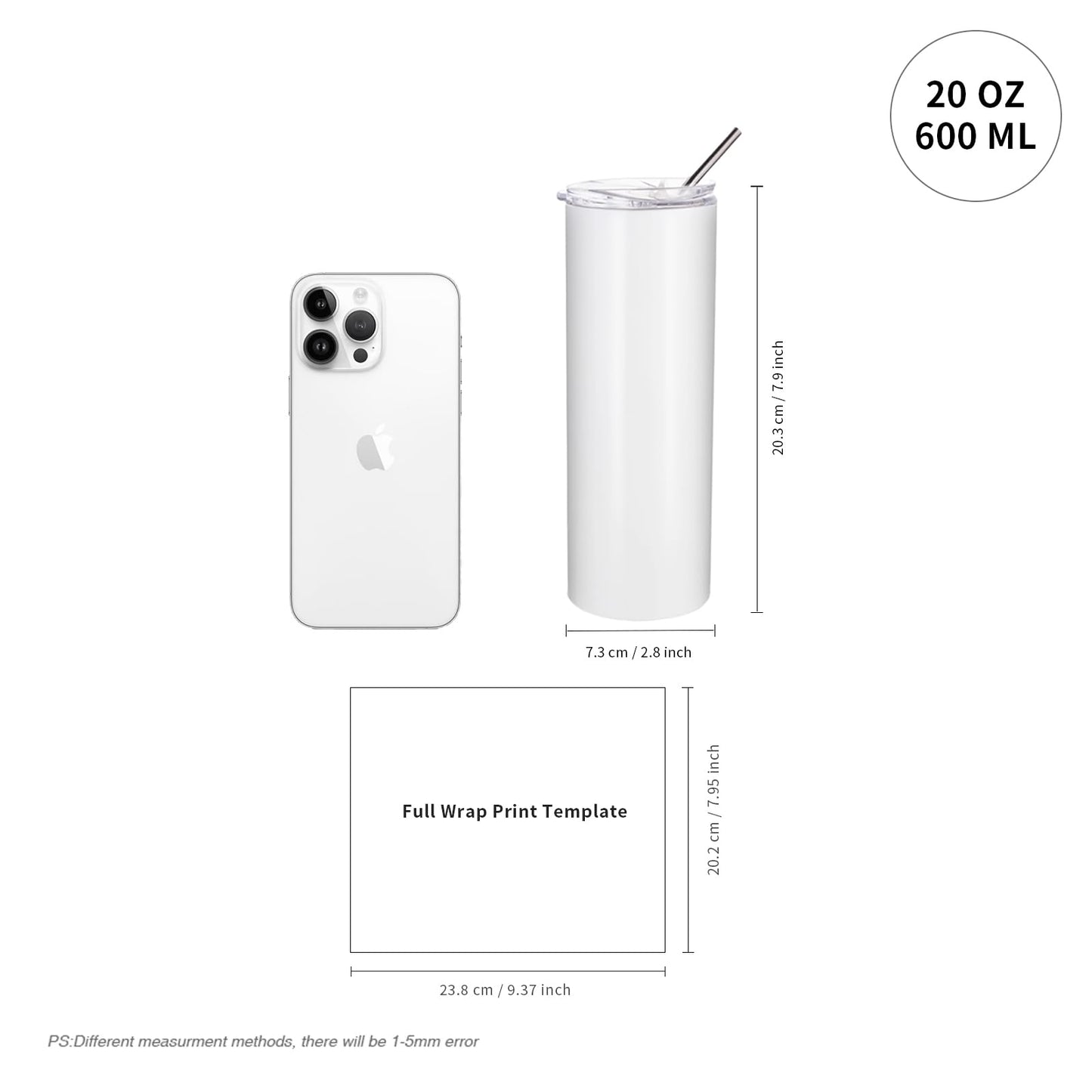 PYD Life Sublimation Blanks Skinny Tumbler White 20 OZ Straight Stainless Steel with Metal Straw for Mug Tumbler Heat Press Machine Sublimation Printing 4 Pack