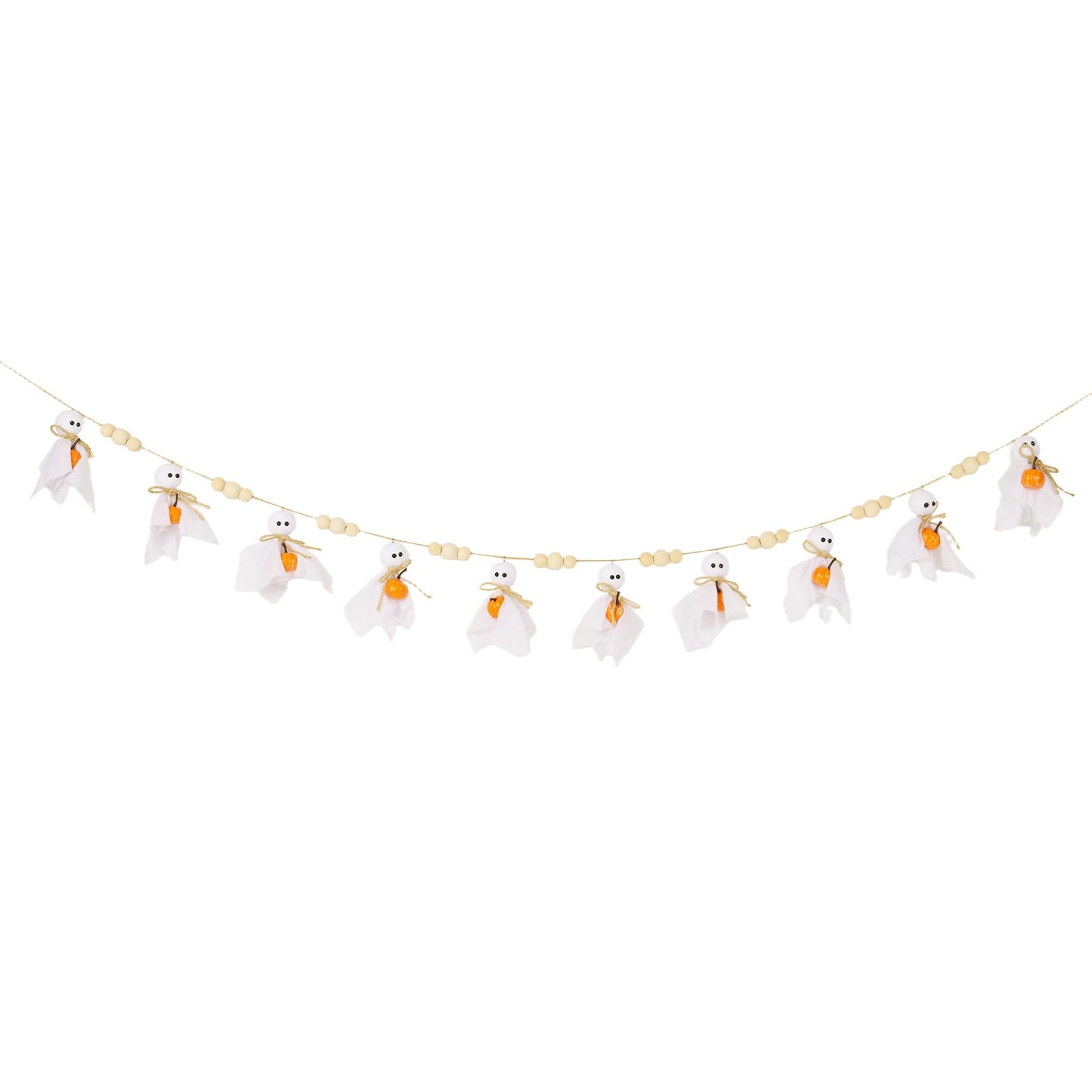 Cute Halloween Ghost with Wooden Beads Garlands, Handmade Rustic Halloween Banner for Wall Home Indoor Outdoor Spring Decor Supplies (Pumpkin)