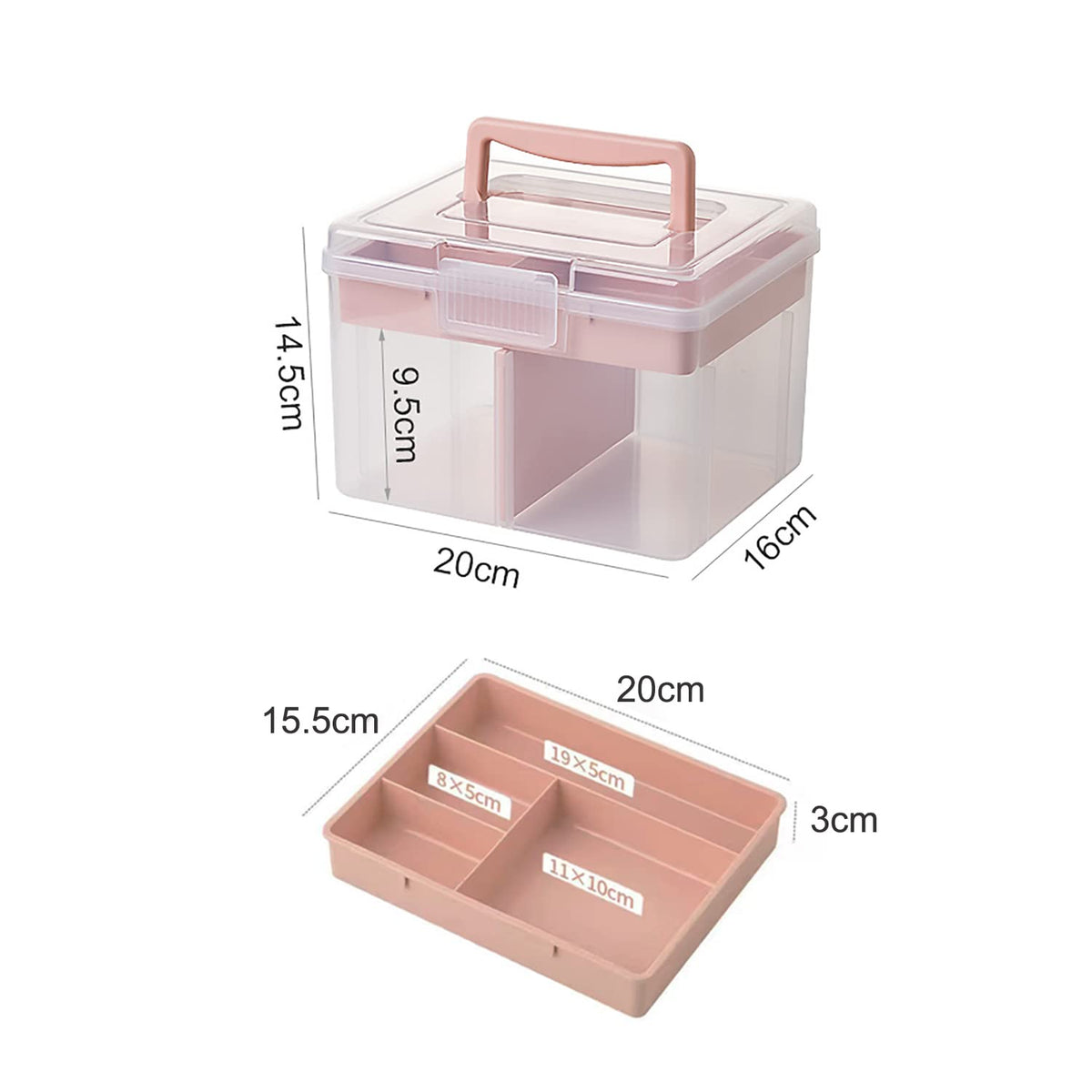 FOREVERIE Small Portable Plastic Storage Box for Beauty Ornaments Hair Nail Accessories, Cosmetic Case with Handle & Removable Tray & a Divider, Sewing Box Organizer, Kids Art Box (Clear & Pink)