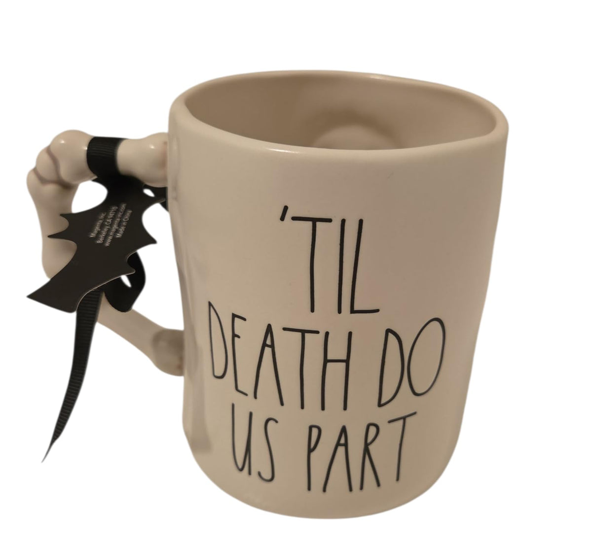 Rae Dunn Till death do us part Halloween Ceramic coffee mug Double sided with skeleton couple on reverse.