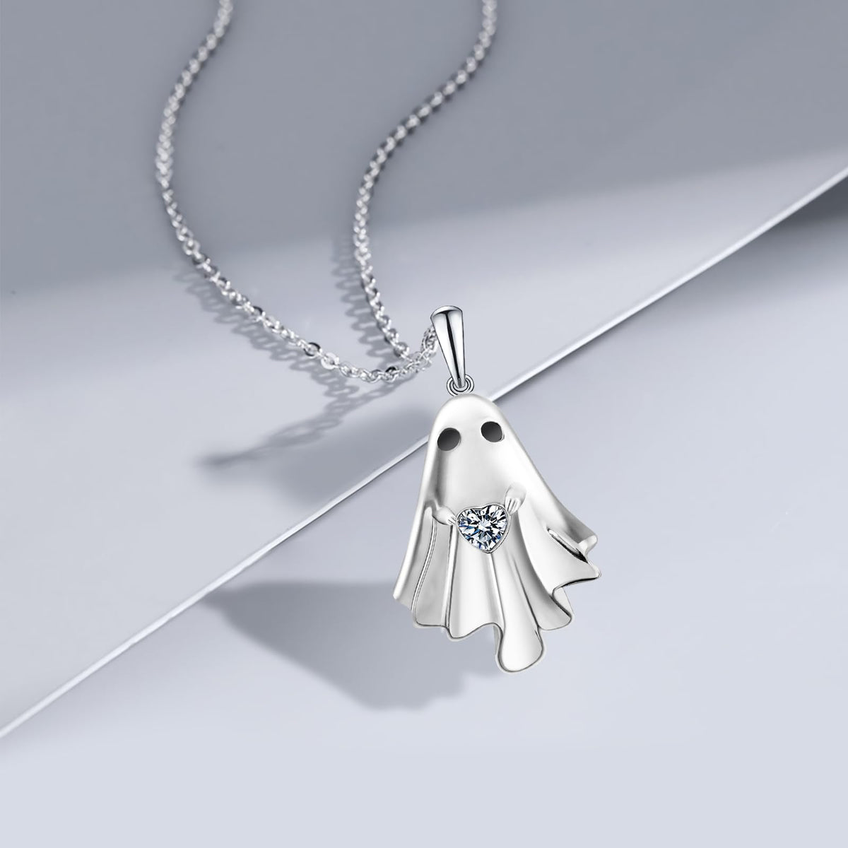 Halloween Ghost Necklace for Women S925 Sterling Silver Spooky Ghost Pendant With Heart Cz for Women Halloween Jewelry Gift