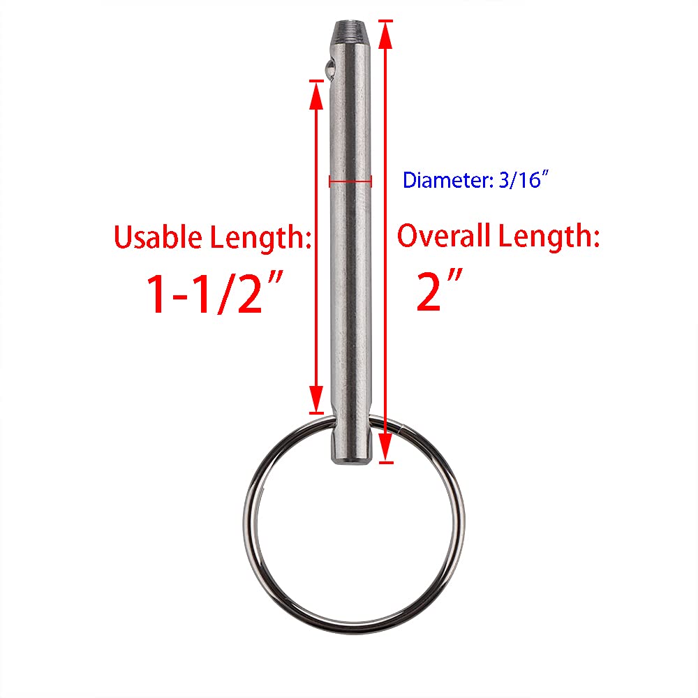 4 Pack Quick Release Pin, Diameter 3/16"(4.8mm), Overall Length 2"(51mm), Usable Length 1-1/2"(38mm), Full 316 Stainless Steel, Bimini Top Pin, Marine Hardware