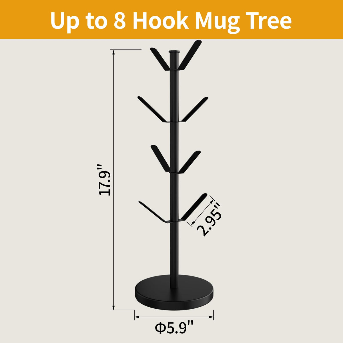 HUILAIXIAN Stainless Steel Mug Holder Tree, Updated Thick Coffee Cup Holder Base, Coffee Cups Stand Mug Holders with 8 Hooks for Countertop Cup Rack Organizer Stand (Black)