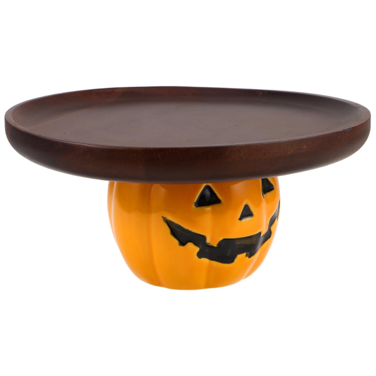 STOBAZA Halloween Pumpkin Serving Tray Rustic Wooden Dessert Platter with Ceramic Stand for Party Snacks Bread Candy Display 8.46X8.46X3.94 Inches