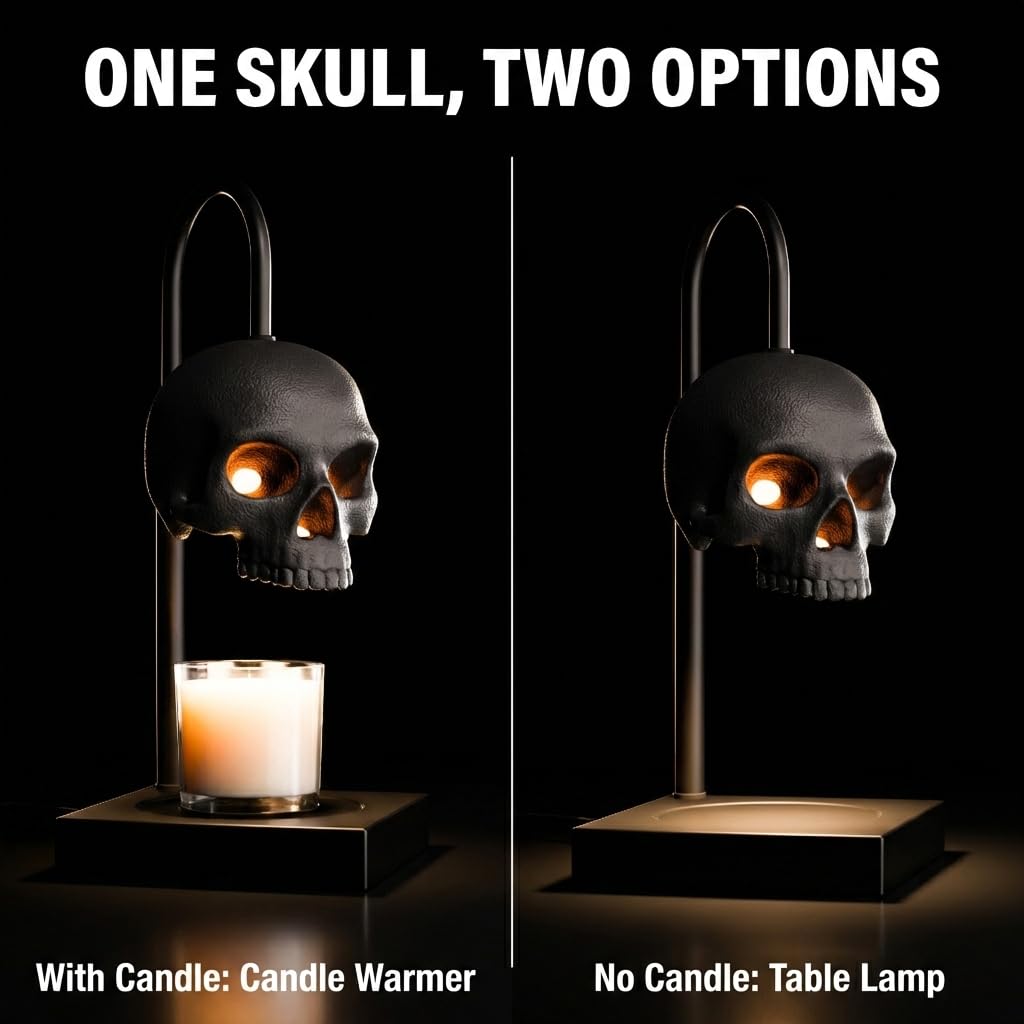 Skull Candle Warmer Lamp with Timer and Dimmer *Candles NOT Included – Black Gothic Candle Lamp Warmer w/ Adjustable Height, 2 Light Bulbs – Skull Decor, Goth Gothic Decor Spooky Home & Witchy Gifts