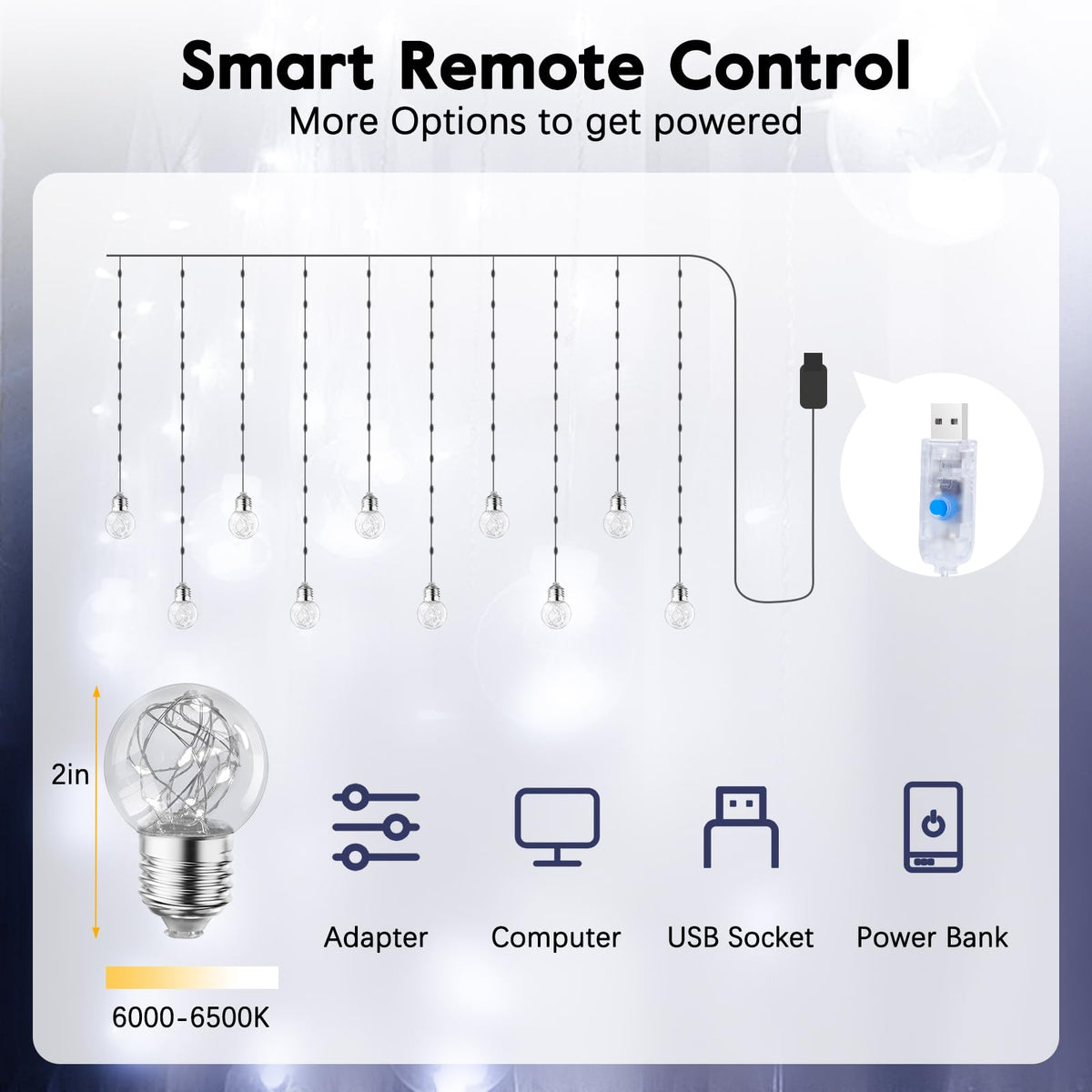 Minetom 200 LED Fairy String Lights, USB Powered, Waterproof, Pure White, for Christmas, Wedding, Party, Bedroom Decoration