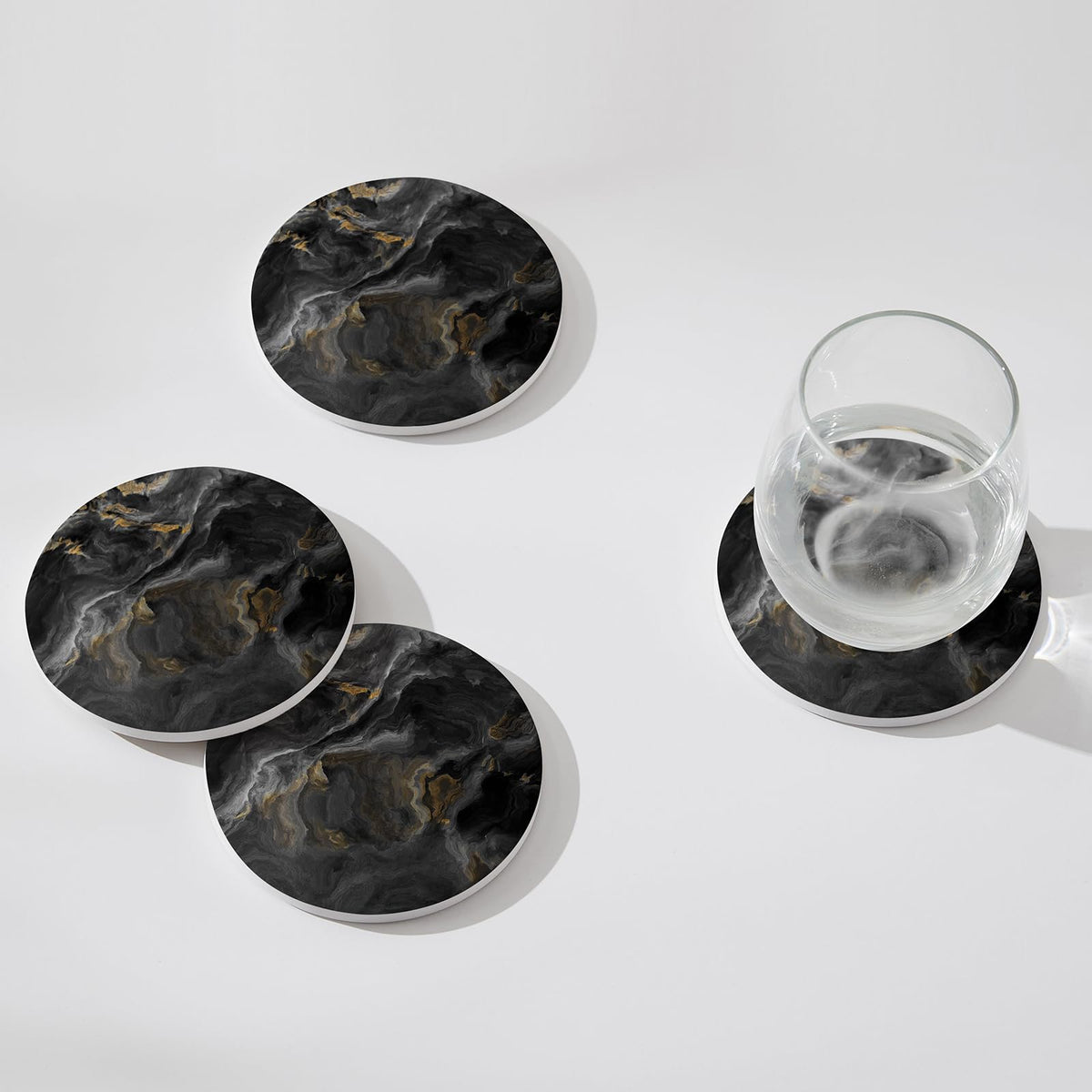 Hoomey Set of 6 Abstract Black Marble Coasters with Holder, Absorbent Ceramic Coasters for Drinks, Coasters with Cork Backing for Table Protection, Housewarming Gifts for New Home
