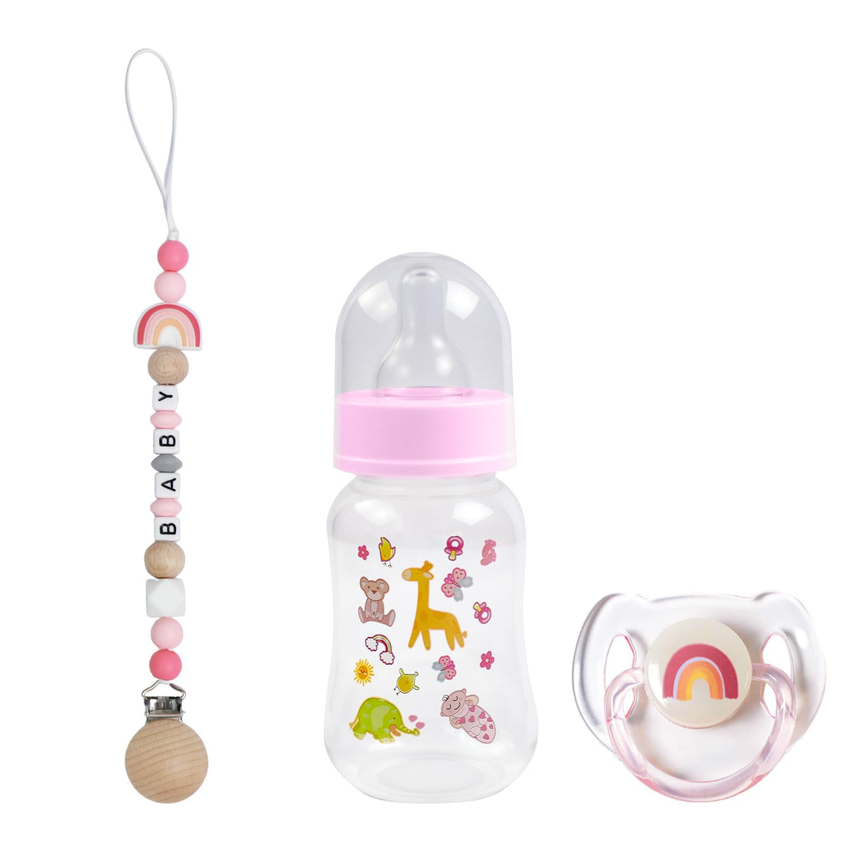 SCOM Reborn Baby Doll Accessories Set - Rainbow Silicone Pacifier Clips & Magnetic Pacifiers & Removable Reusable Baby Doll Bottles for Reallife Realistic Reborn Dolls Girls, Pink Style, 3 Pcs