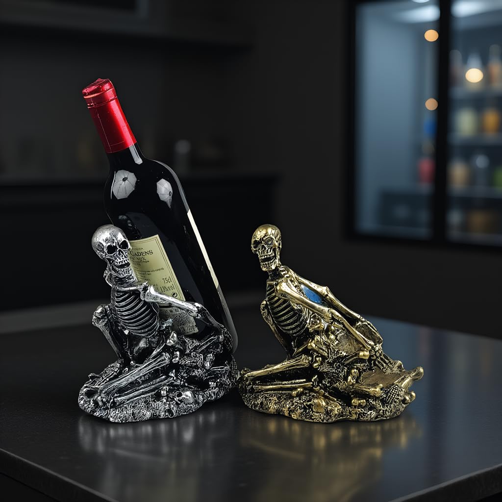 PDNPDN Gothic Skull Decorated Wine Bottle Rack, Halloween countertop Small Wine Rack, Room Emotional Decoration (Silvery)