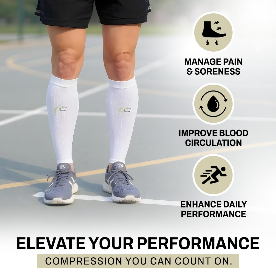 Pro Compression Calf Compression Sleeves for Men & Women - Shin Sleeves for Shin Splint Relief, Travel, and Running Support - White, Large/X-Large
