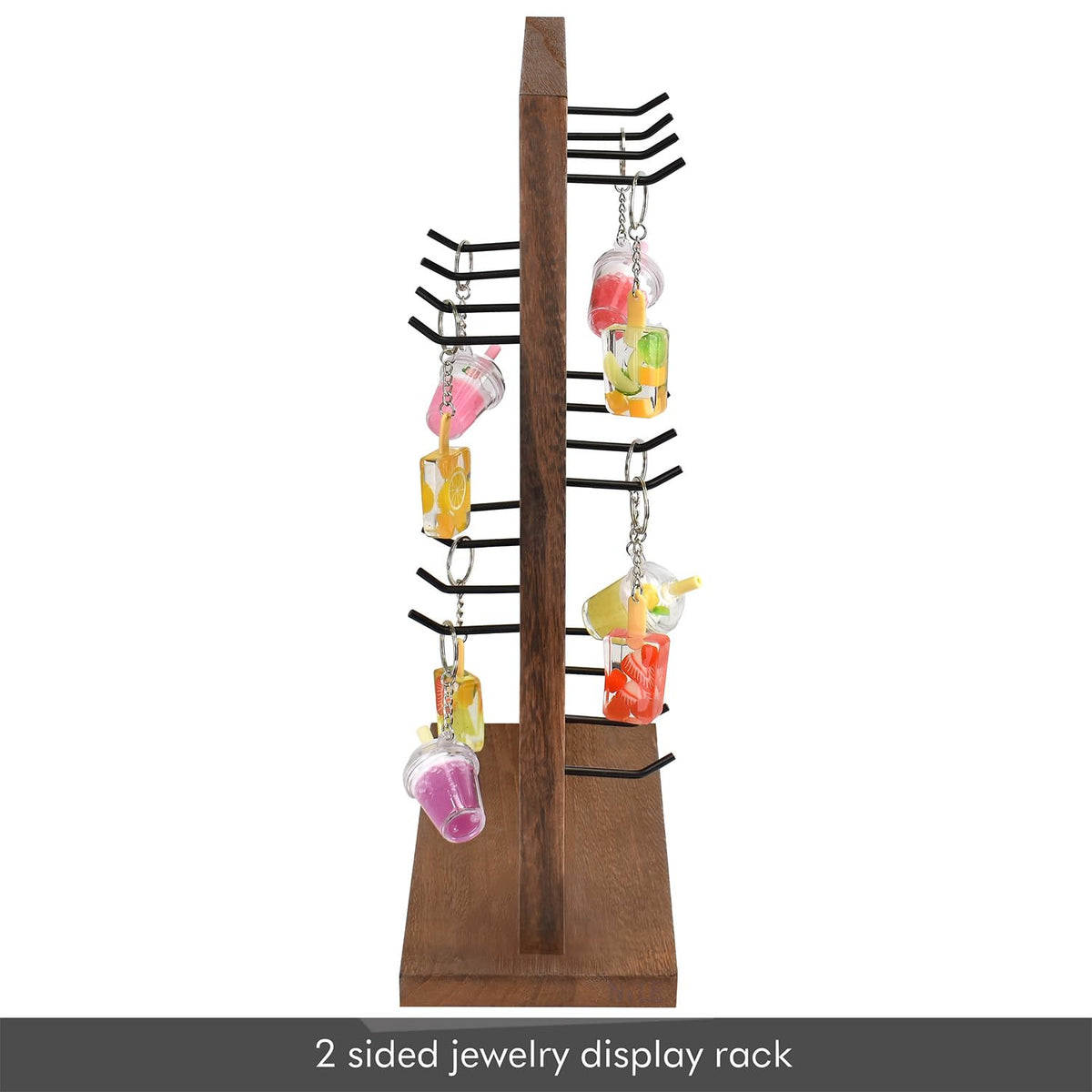 Ikee Design 5 Tiers Free Assemble Wooden Jewelry Display Rack with 20 Removable Metal Hooks,Earring Card Display Stand,Jewelry Organizer,Bracelet Organizer,Keychain Display Stand,Brown Color