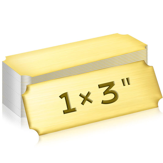 Therwen 30 Pcs Name Plates Laser Engraved Brushed Stainless Steel Plate Personalized Plaque Blank Custom Name Tag Frame Label with Adhesive Backing(Gold,1''x 3'',Notched Corner)
