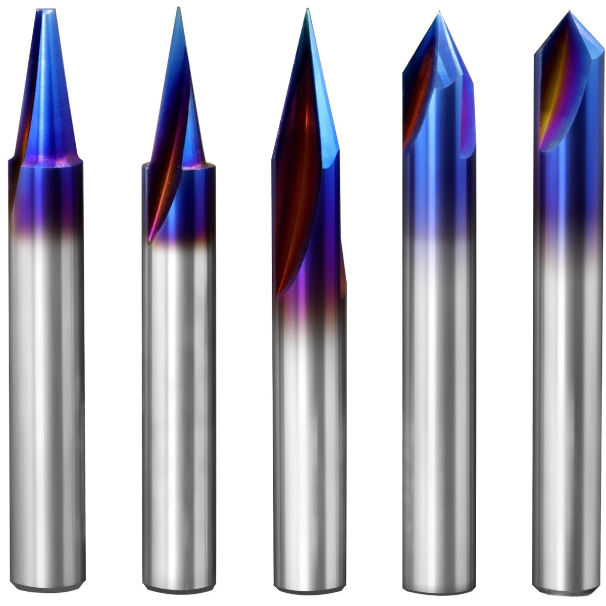 Eyryfui 5 Piece Engraving CNC Wood Carving Router Bit with Nano Blue Coated Tungsten Soild Carbide 15° 20° 30° 60° 90° V Groove Endmill Bit Profile Router Bits for Sign Making