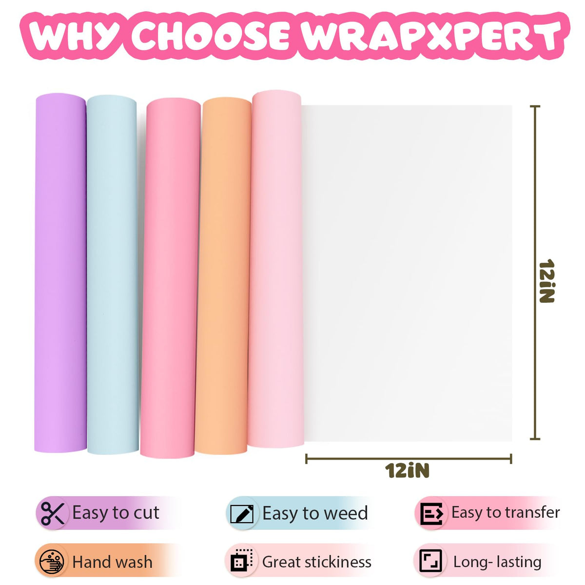 WRAPXPERT Pastel Vinyl Permanent - 12 Sheets Bundle 12"x12" Matte Boho Craft Vinyl Sheets Pastel Colors Adhesive Vinyl Craft Cutters DIY Projects for Cricut Silhouette Cameo