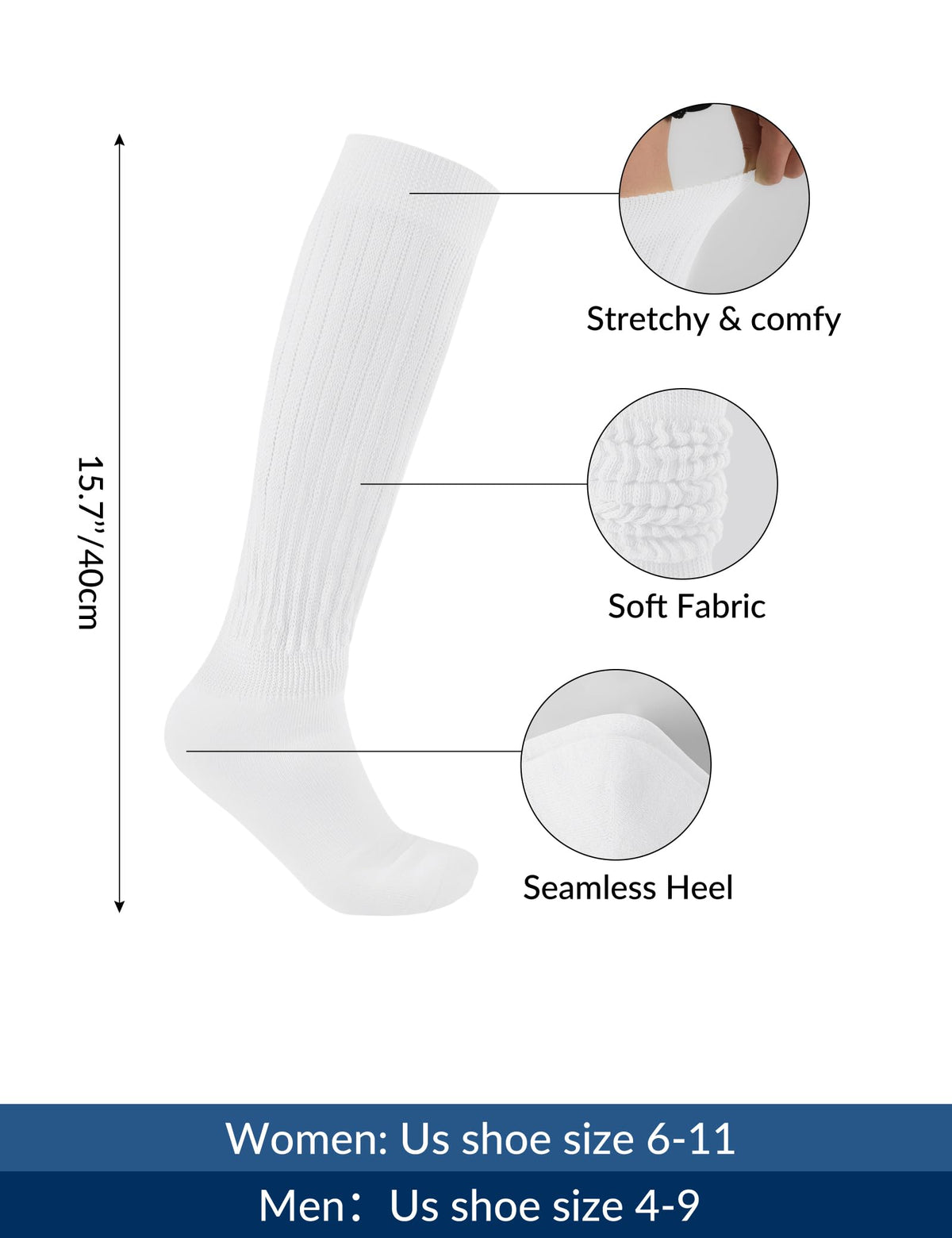 Witwot 3 Pairs Womens Slouch Socks Knee High Tube Scrunch Sock Size 6-11 White