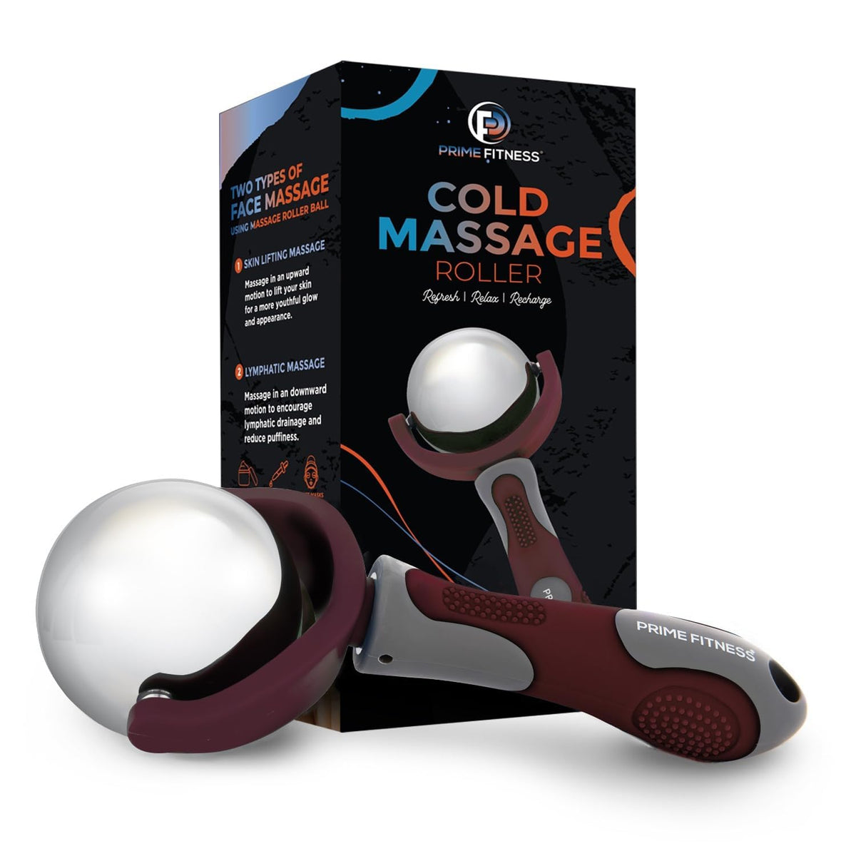 PRIME Fitness Cold Massage Roller Ball | Cold Therapy | Ice Roller Ball with Handle | cryo Stick | Relieve Muscle Pain (Maroon)