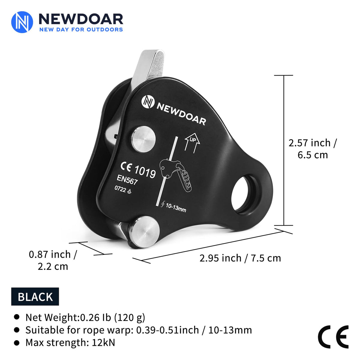 NewDoar Rope Grab Ascender 12KN Riser Adjuster Fits 10mm-13mm Rope for Rocking Climbing Protection Rescue (Black)