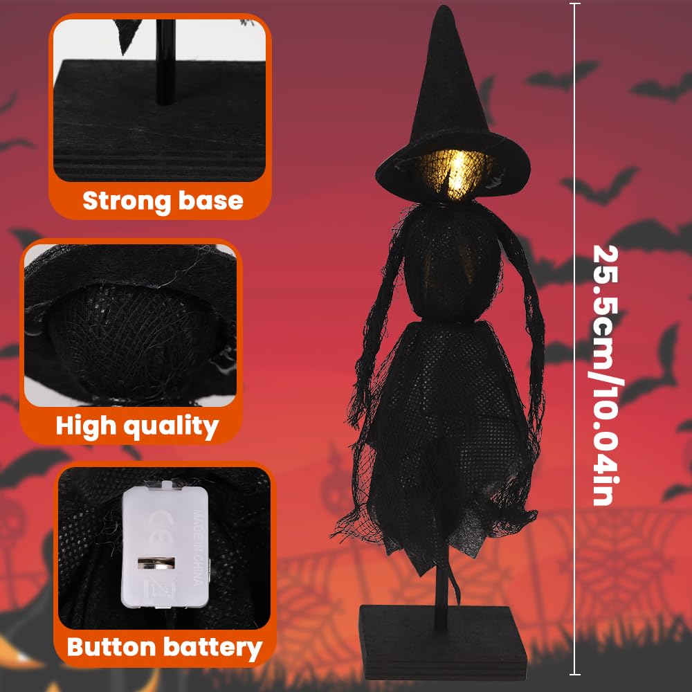 DIYDEC Witch Decorations Indoor 3pcs Primitive Halloween Witch on Wooden Stand with LED Halloween Table Centerpieces Signs for Home Shelf Mantels Kitchen Indoor Decorations Gifts