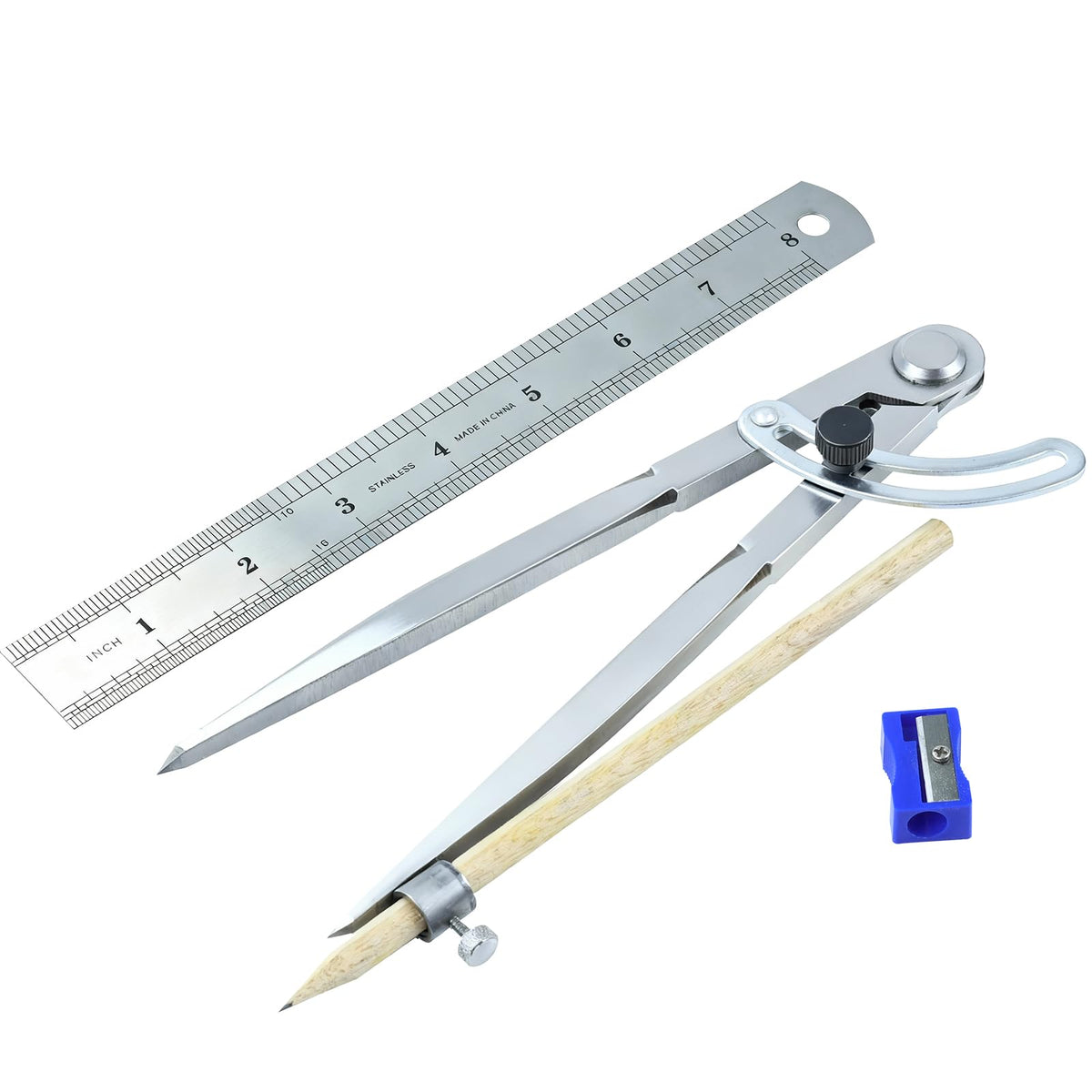 Kintuph 8-Inch Professional Woodworking Compass with Wing & Pencil Holder — Includes 8" Ruler and Pencil Sharpener Perfect for Accurate Circles, Layouts, and Geometric Designs