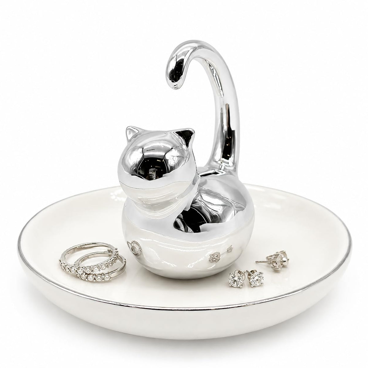 Cat Ring Holder Jewelry Dish–White & Silver Fat Cat Ceramic Trinket Tray,Birthday,Wedding,Graduation Gift for Women & Girls,Rings Earrings Necklaces Bracelets–Vanity,Nightstand,Dresser,Bathroom