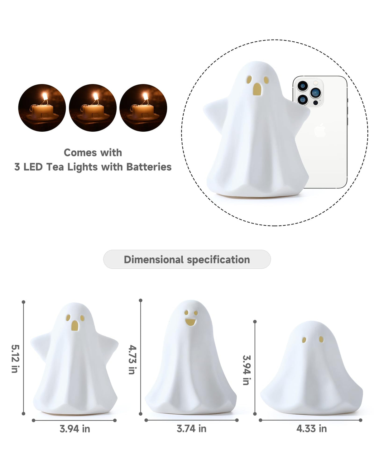 AOMOONOA Ceramic Ghosts Small White Ghost Figurine, 3PCS Light Up Ghost Decor, Small LED Ghost Halloween Decor Spooky Sculptures for Indoor Halloween Party Tabletop Home Shelf Decoration