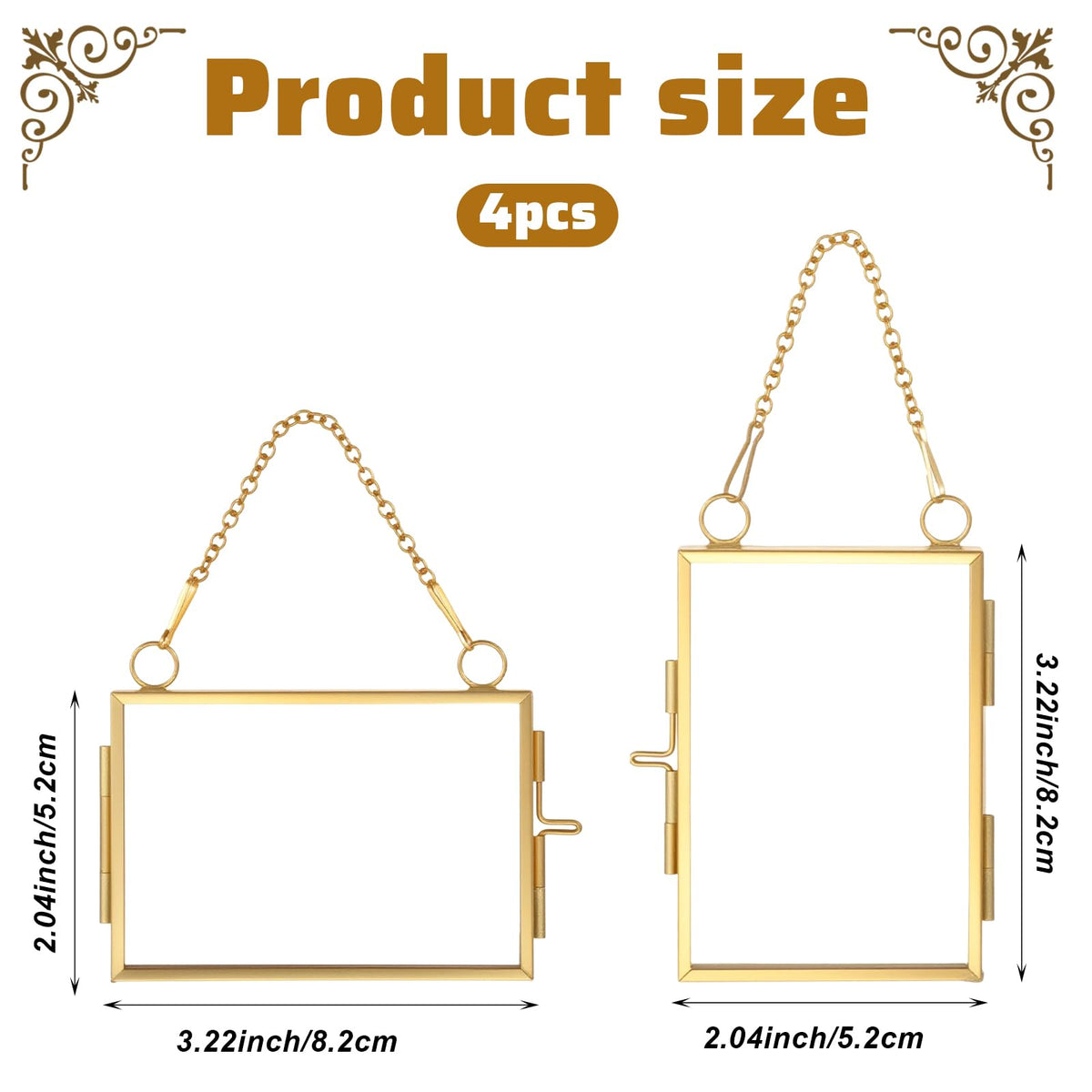 YUXIANLB 4 Pcs Double Glass Frame for Pressed Flowers, 2x3 Inch Picture Frame Mini Brass Wall Hanging Photo Frame with Chain for DIY Plant Specimen Wall Ornament Artwork Display Wall Decor (Gold)