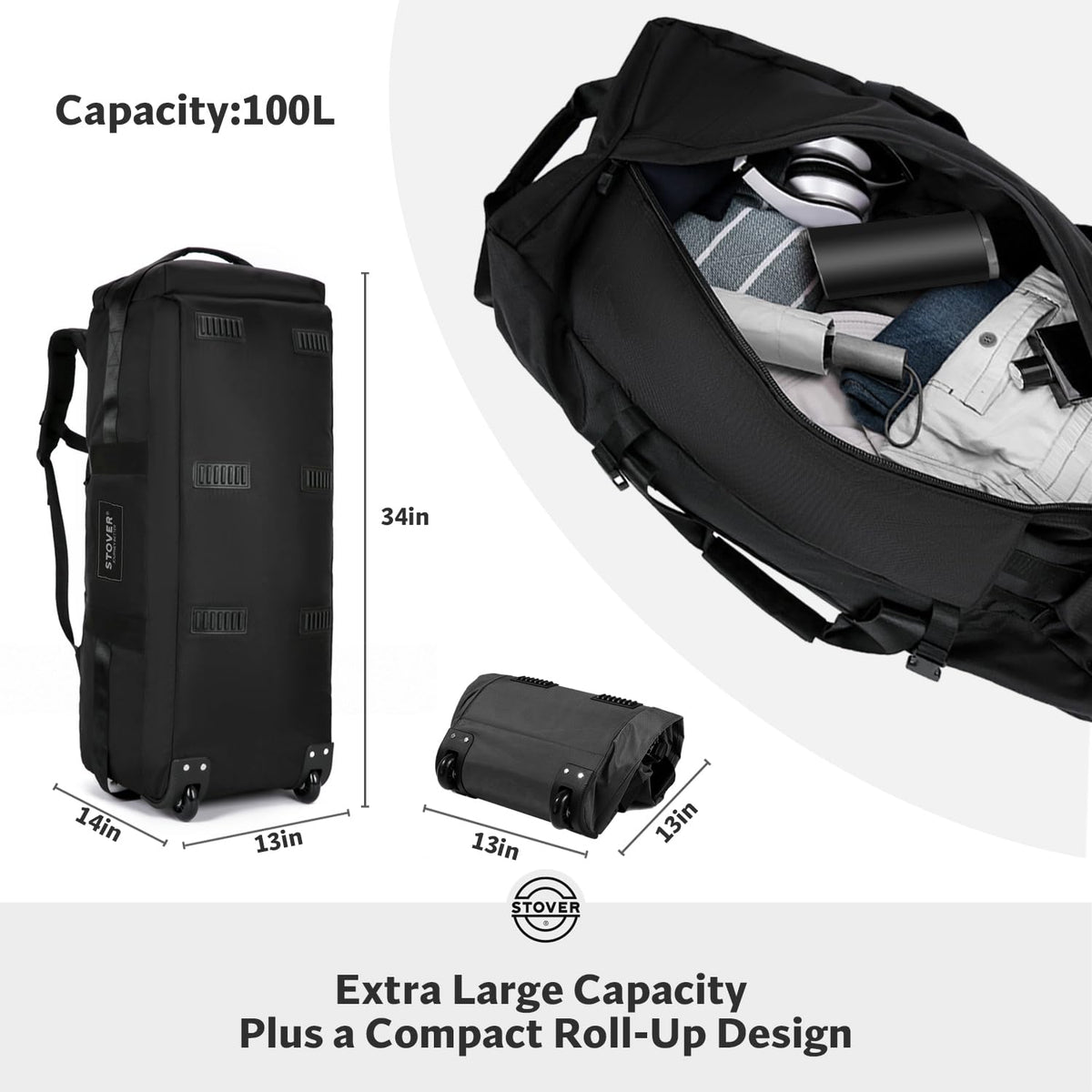 STOVER 45/80/100L Rolling Duffel Bag with Wheels, X-Large Durable Travel Duffle + Toiletry Bag, Heavy Duty, Packable with Shoulder Straps- Use as Luggage or Backpack, Men/Women (Black)