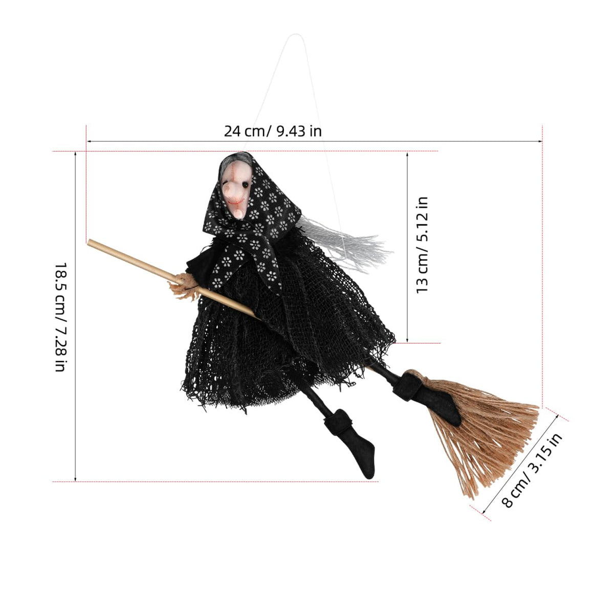 DIYEAH Halloween Witch Doll Decor with Broomstick for Indoor Outdoor Party Decoration, 9.44 Inch Grey Hanging Witch Figurine with Red Accents