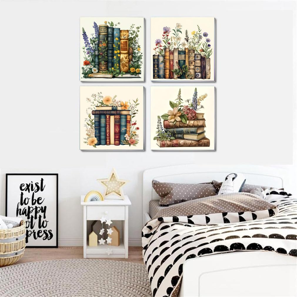 Fotasmua 4 Pack Framed Paint by Numbers for Adult, Book Paint by Numbers Kit for Adults Kids, DIY Flowers Acrylic Painting on Canvas for Home Wall Art Decor 8 x 8 Inch