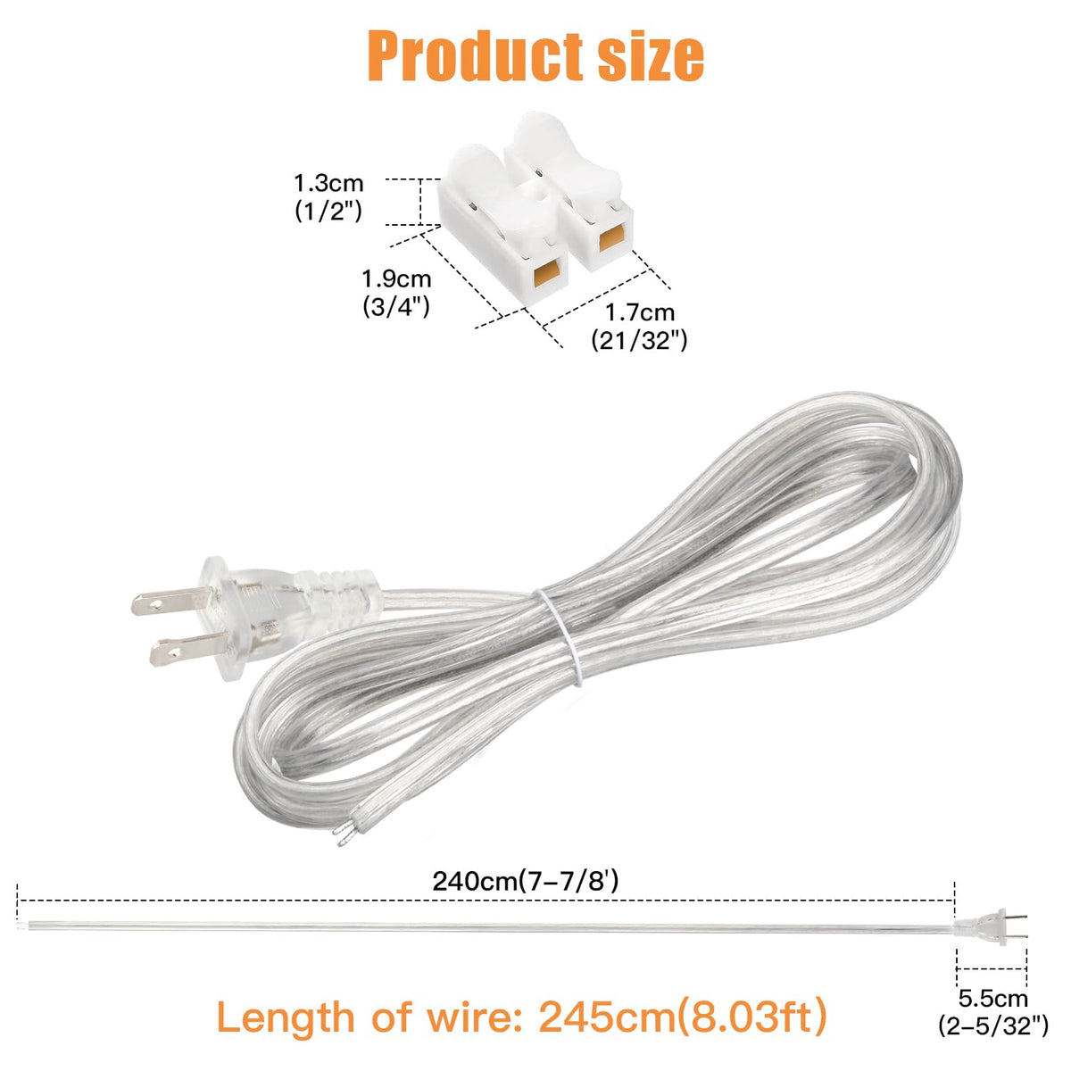 Asjeumt 2 Pcs 8 FT Lamp Cord with Plug, Replacement Lamp Wire with Plug, Clear SPT-2 Lamp Cord Wire 2 Polarized Molded Plug 18 AWG Power Cord, 8 Feet DIY Rewiring Repair Wiring Electrical Light Cords