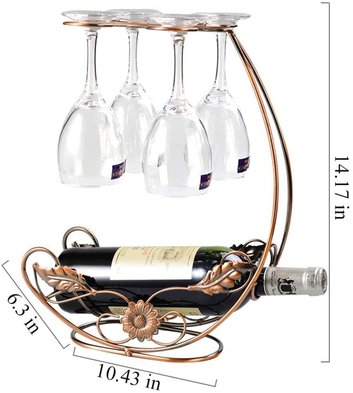 Hongiuia Metal Wine Rack, Tabletop Wine Glass Holder, 1 Bottle+4 Cups Gold