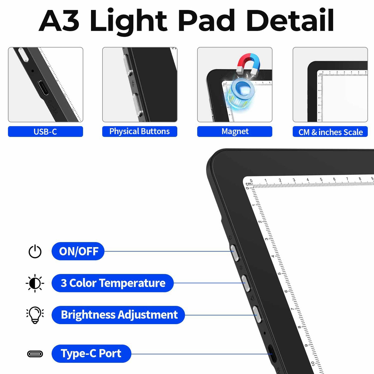 Heanolier Rechargeable A3 Light Board with Stand & Bag for Diamond Painting,5100 Lux Magnetic Light Pad with Side Buttons,Wireless Light Box for Tracing,LED Light Table for Sketching,Drawing,Artcraft