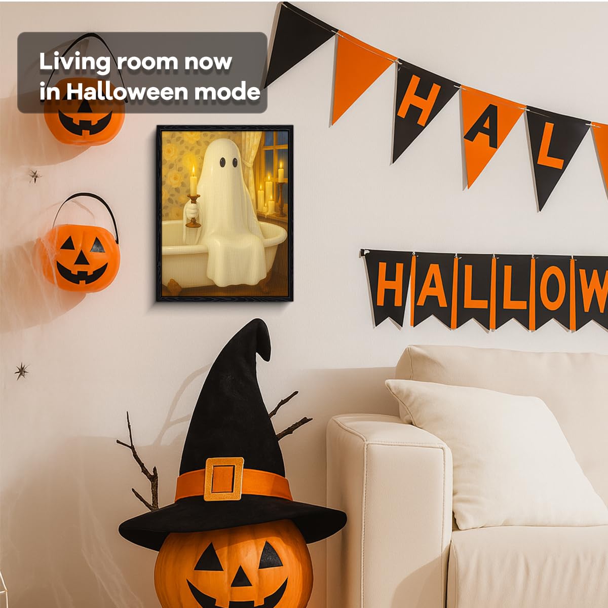 White ghost in clawfoot tub with candle, Rembrandt style ghost pictures wall decor, matte framed ghost wall art, Funny ghost pictures for bathroom, gift for Halloween, 8x10 inch