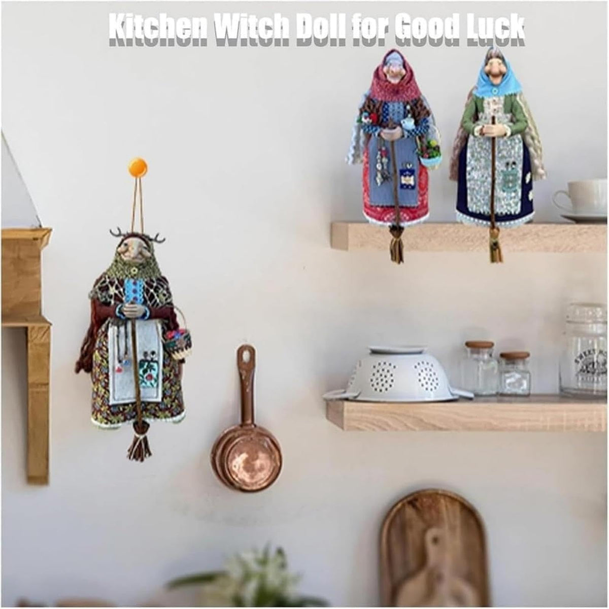 Handmade Kitchen Witch Doll, Good Luck Cooking Dolls Hanging Ornament, Unique Home Decor Figure on Broomsticks for Cooks, Festive Lucks Charm Decoration for Culinary Enthusiasts(B)