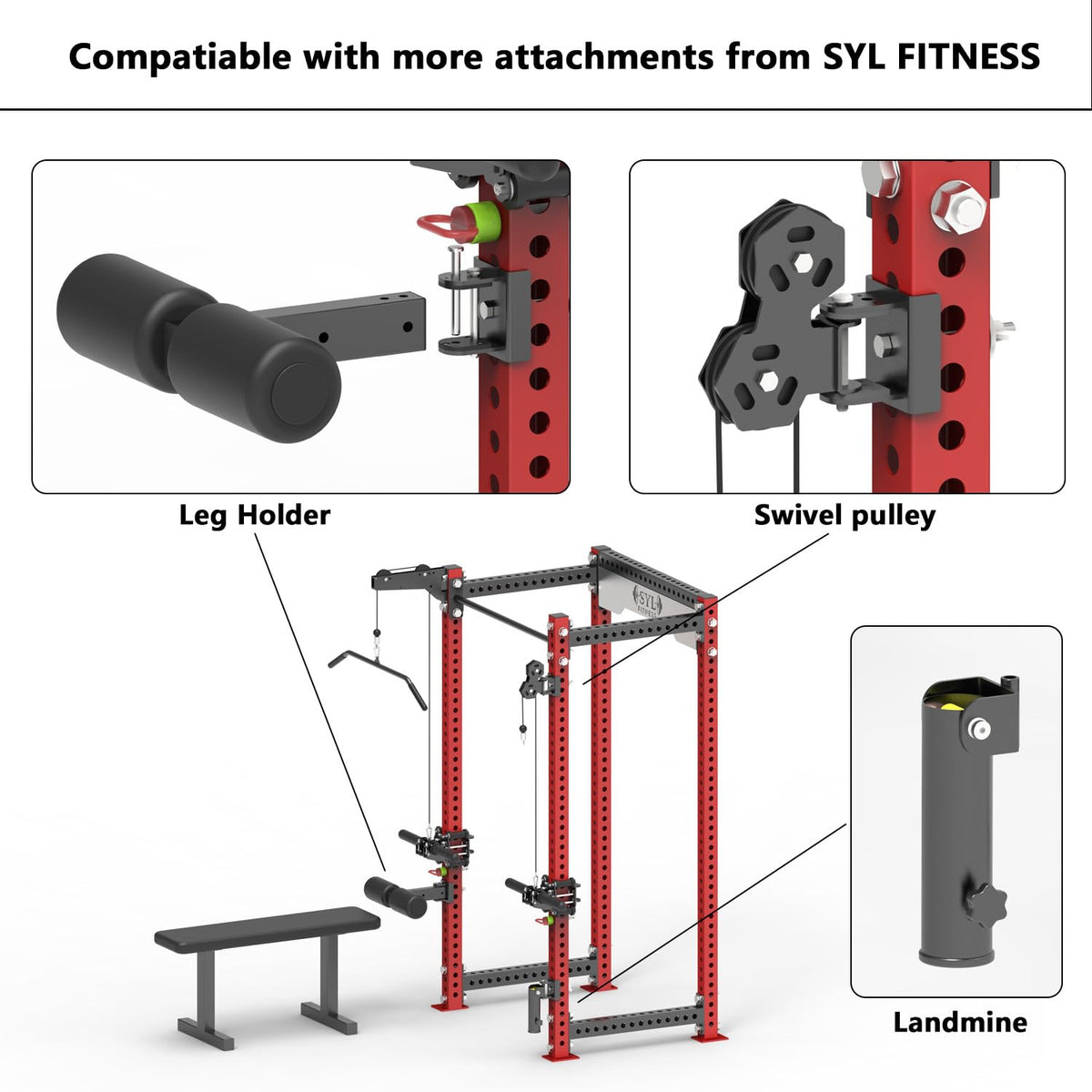 SYL Fitness Rack Mounted Landmine Attachment, T-Bar Row Landmine Base, Fit 2x2 inch & 3x3 inch Square Tube Power/Squat Rack (New Model-(2 * 2″‌))
