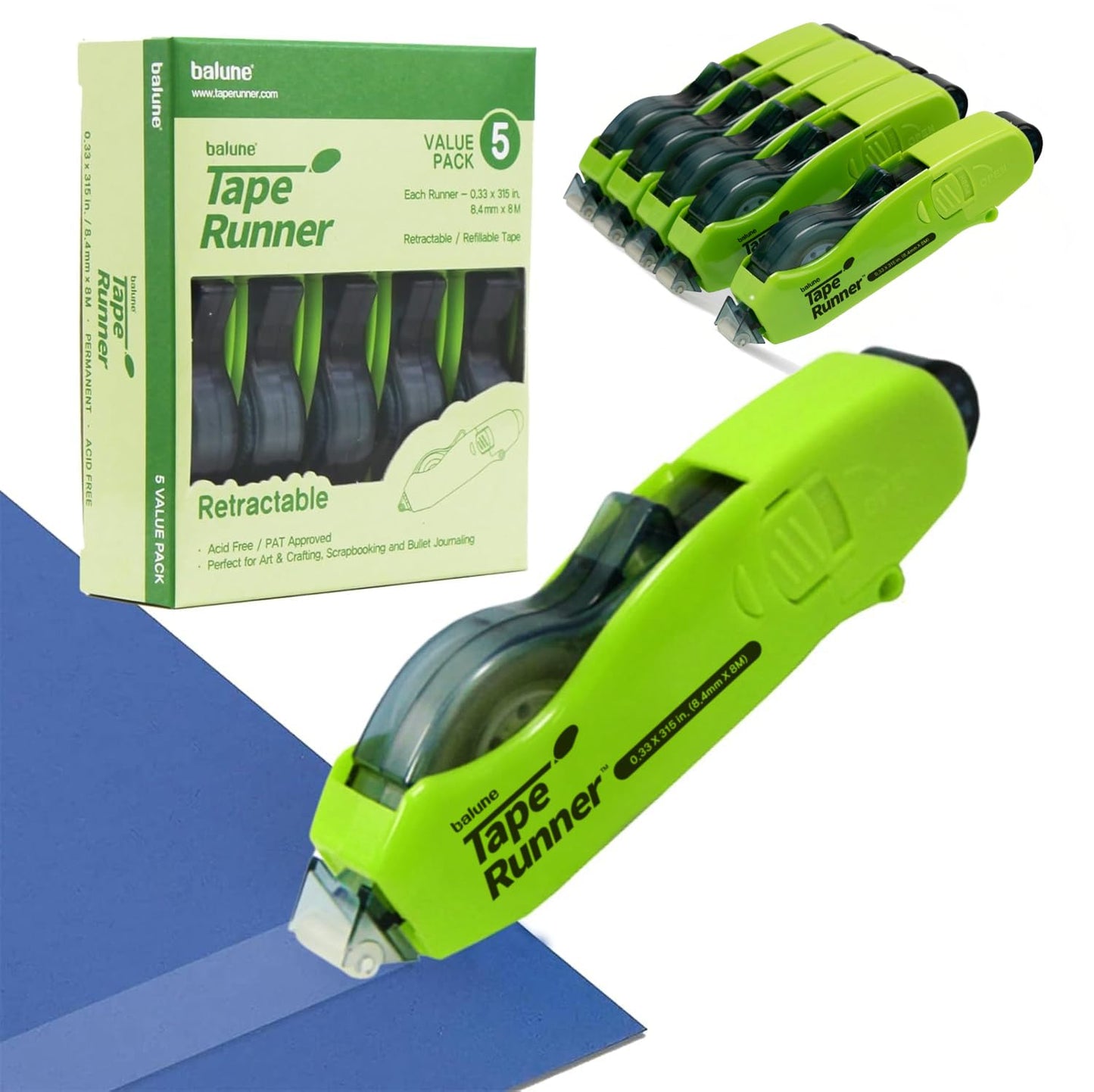 TAPE RUNNER - Double Sided Adhesive with Dispenser Roller Included - Acid Free, Sticky, Transparent - Ideal for Scrapbooking, Crafts & More - Retractable (315 inches per Cartridge), 5 Cartridges