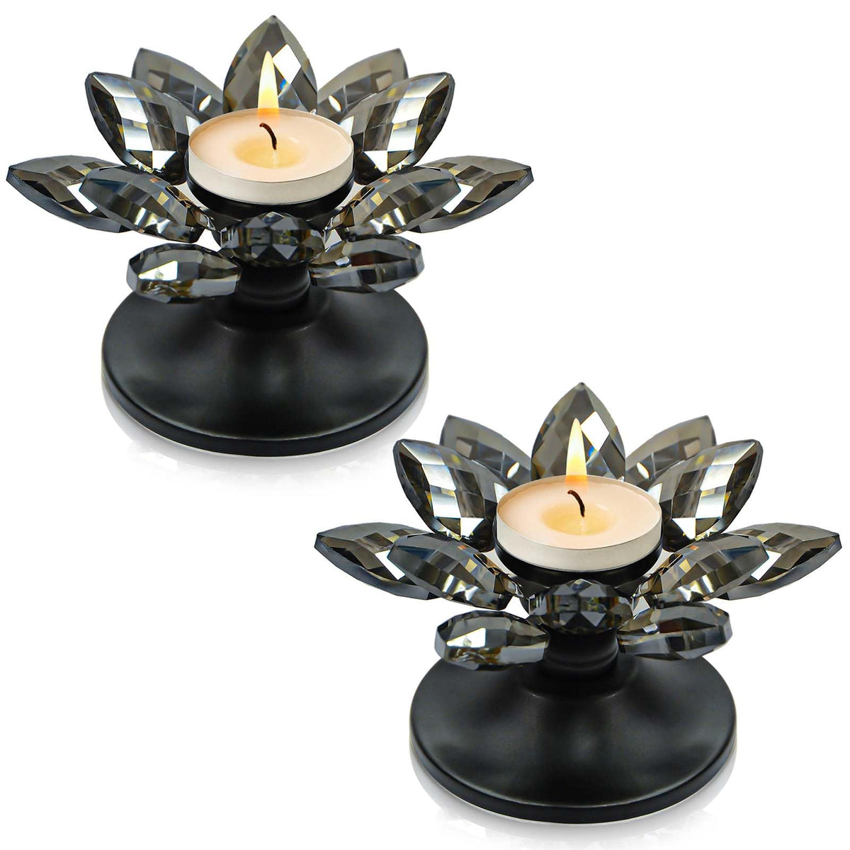 2 PCS Black Crystal Flower Tea Light Holder, Glass Tealight Candlestick with Metal Base, Votive Candle for Table Centerpiece, Wedding/Parties Decor, Nice Gift