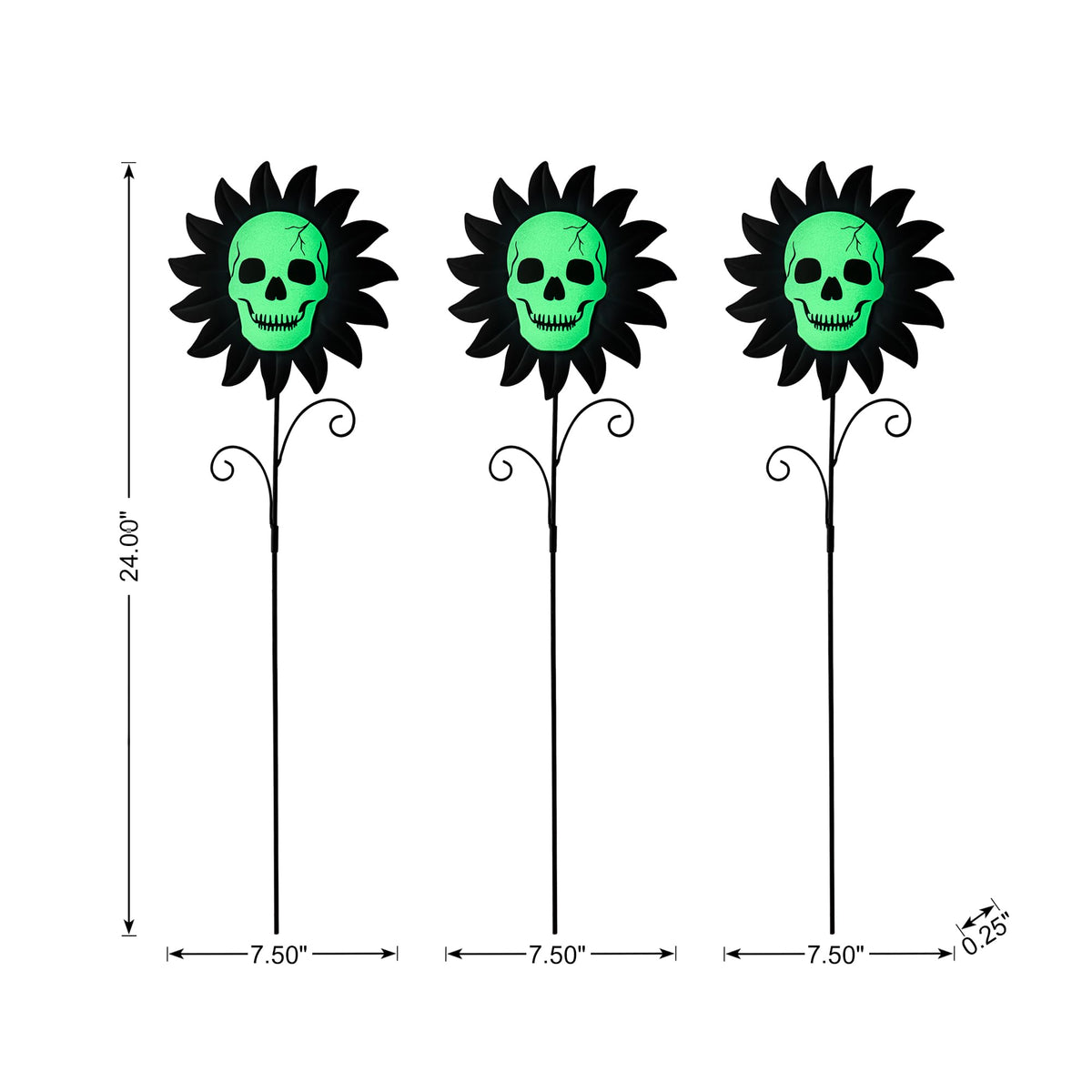 Glitzhome Set of 3 Glow in Dark Halloween Sunflower Skulls Metal Yard Stake, 24" Metal Yard Sign or Wall Decor for Outdoor