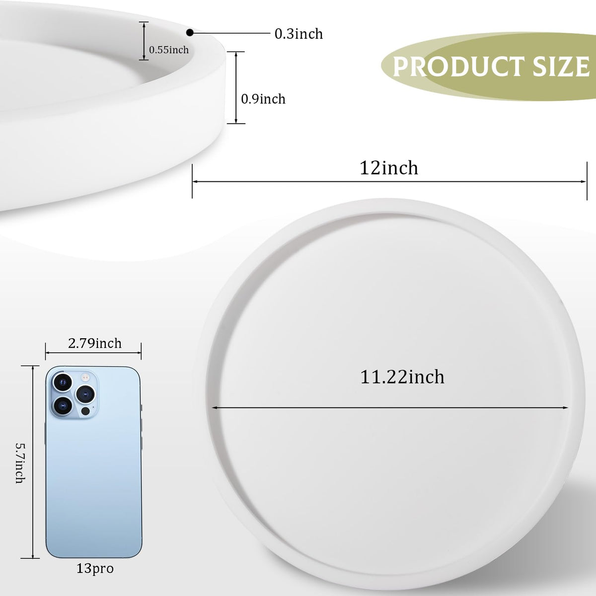 Silicone Bathroom Tray Round Vanity Tray Decorative Soap Holder Kitchen Countertop Organizer Coffee Table Decor for Candle, Perfume, Plant, 12 Inch, White