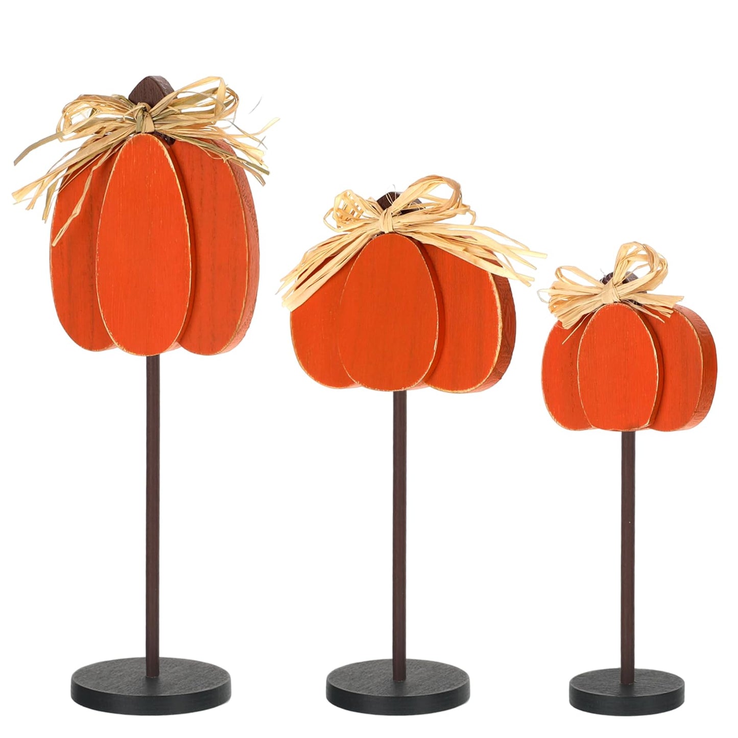 Thyle 3 Pcs Thanksgiving Pumpkin Table Centerpieces Wood Harvest Table Decorations for Home Standing Block Tall Sign with Bow for Home Decor(Orange)