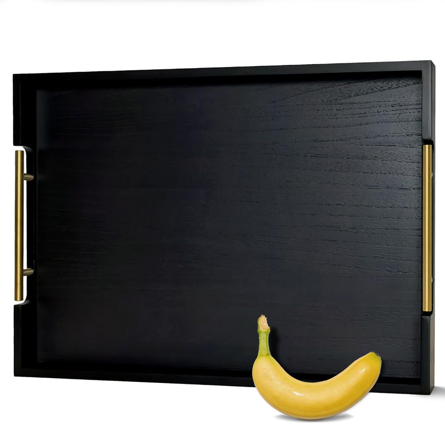 OurMiao 22" x 15.75" Black Wooden Serving Tray with Gold Metal Handles, Large Rectangular Wood Ottoman Tray for Living Room, Coffee Table, Kitchen & Entertaining